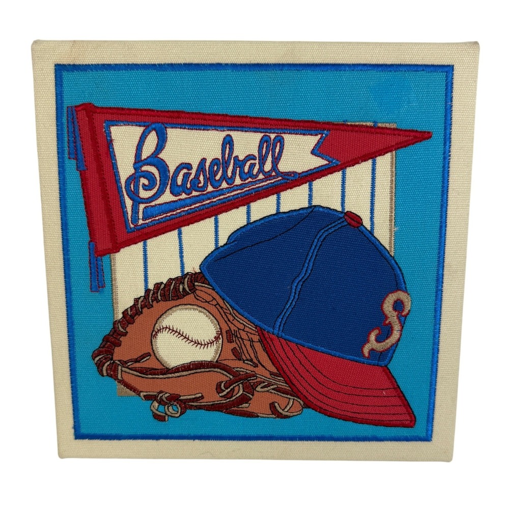 Vintage Baseball Embroidered Canvas Wall Art Sports Decor Pennant Hat Glove